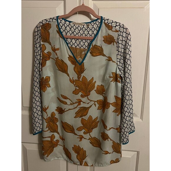 Soft Surroundings Long Sleeve Top Blouse Women's Size S Brown White V Neck - Picture 1 of 5